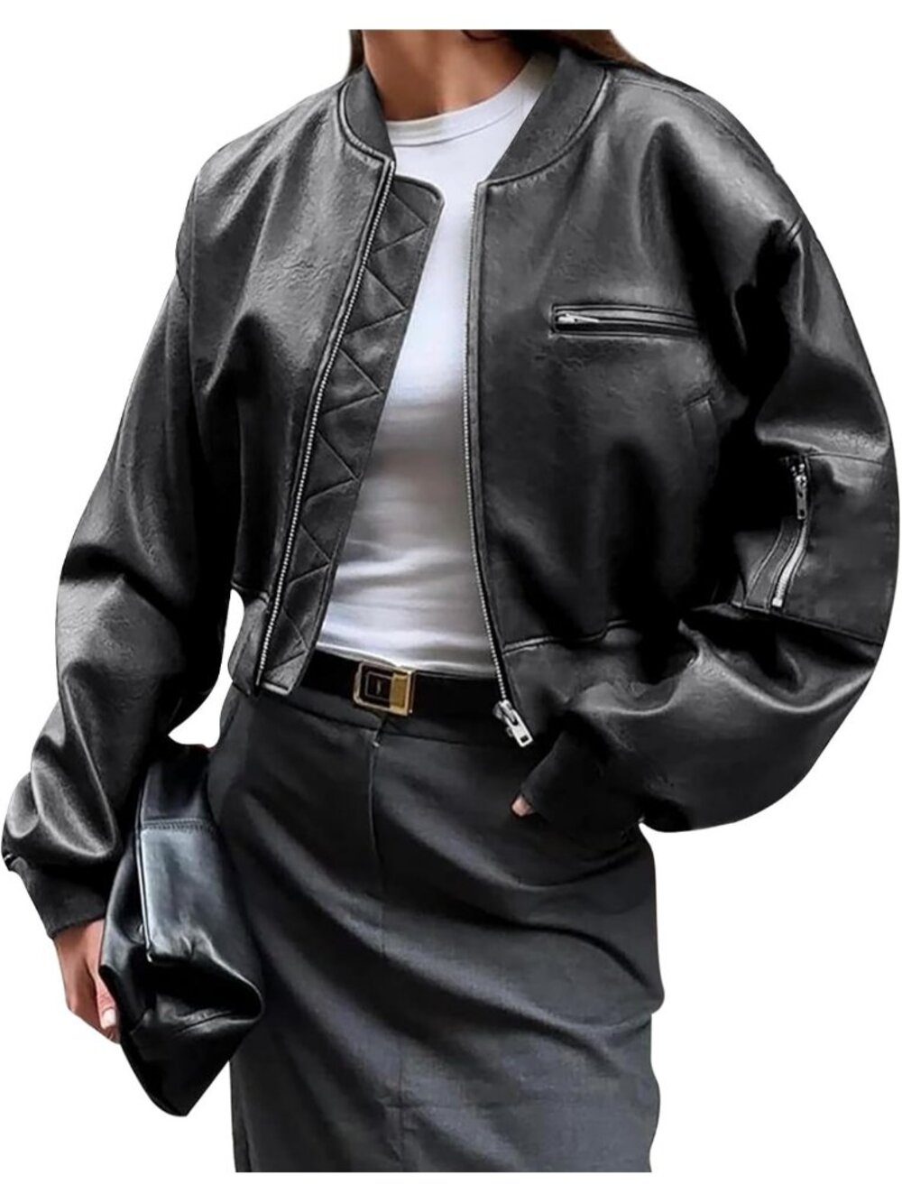 Womens Black Notch Drop-shoulder Zippered Pockets Biker Coat Leather Jacket
